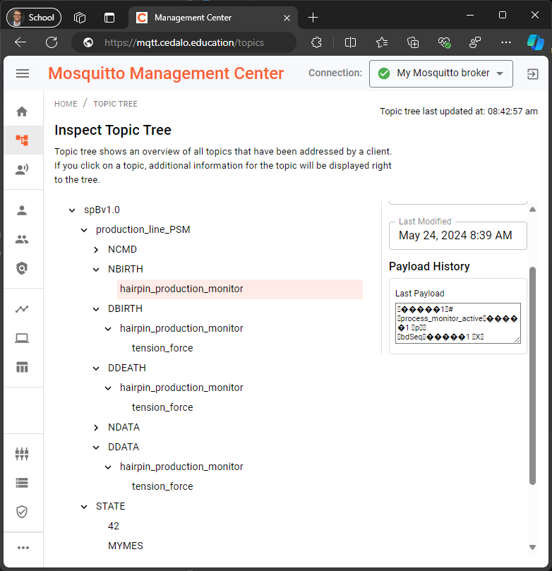 MMC interface for online monitoring Sparkplug topics and payloads