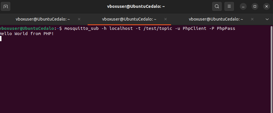 Mosquitto_sub utility in the Terminal shows that PHP webpage publishes the message correctly