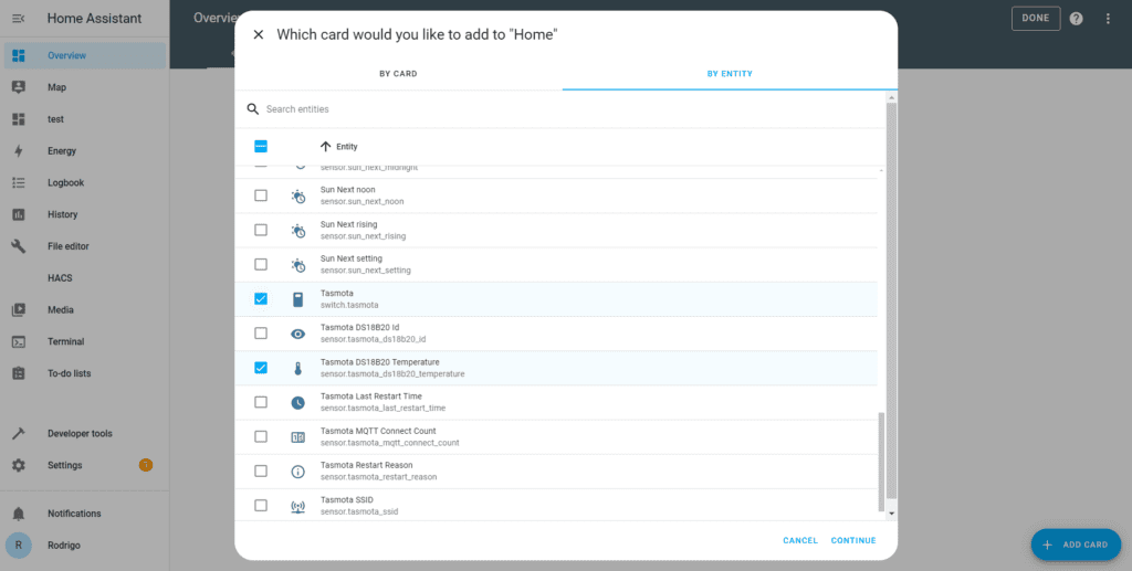 Select the switch and sensor entities of the Tasmota device