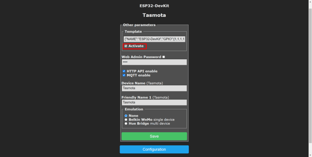 Enabling the template in Tasmota