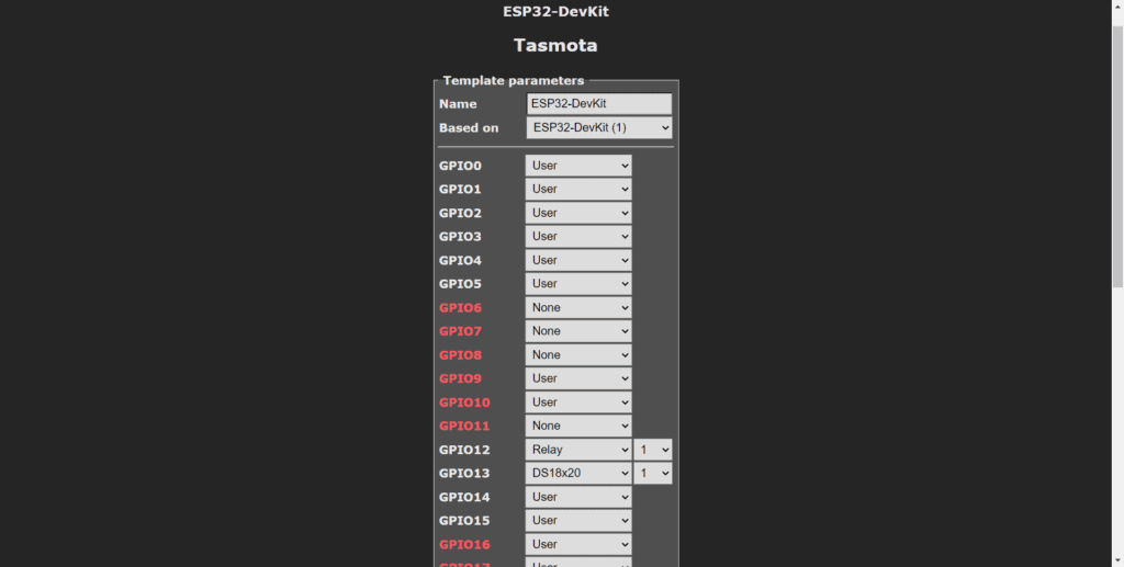 Tasmota template configuration page