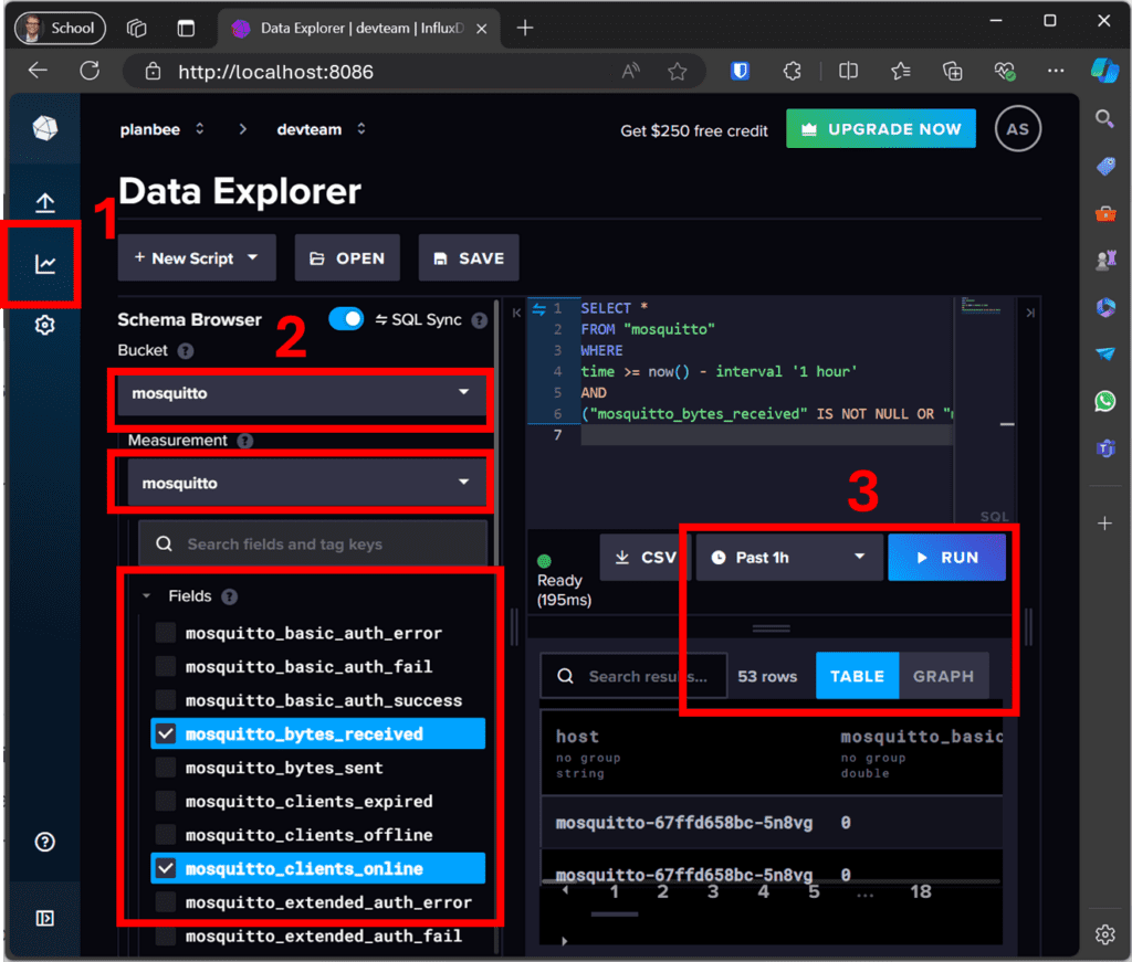 InfluxDB 2.0 Data Explorer stores and displays metrics from the Mosquitto broker