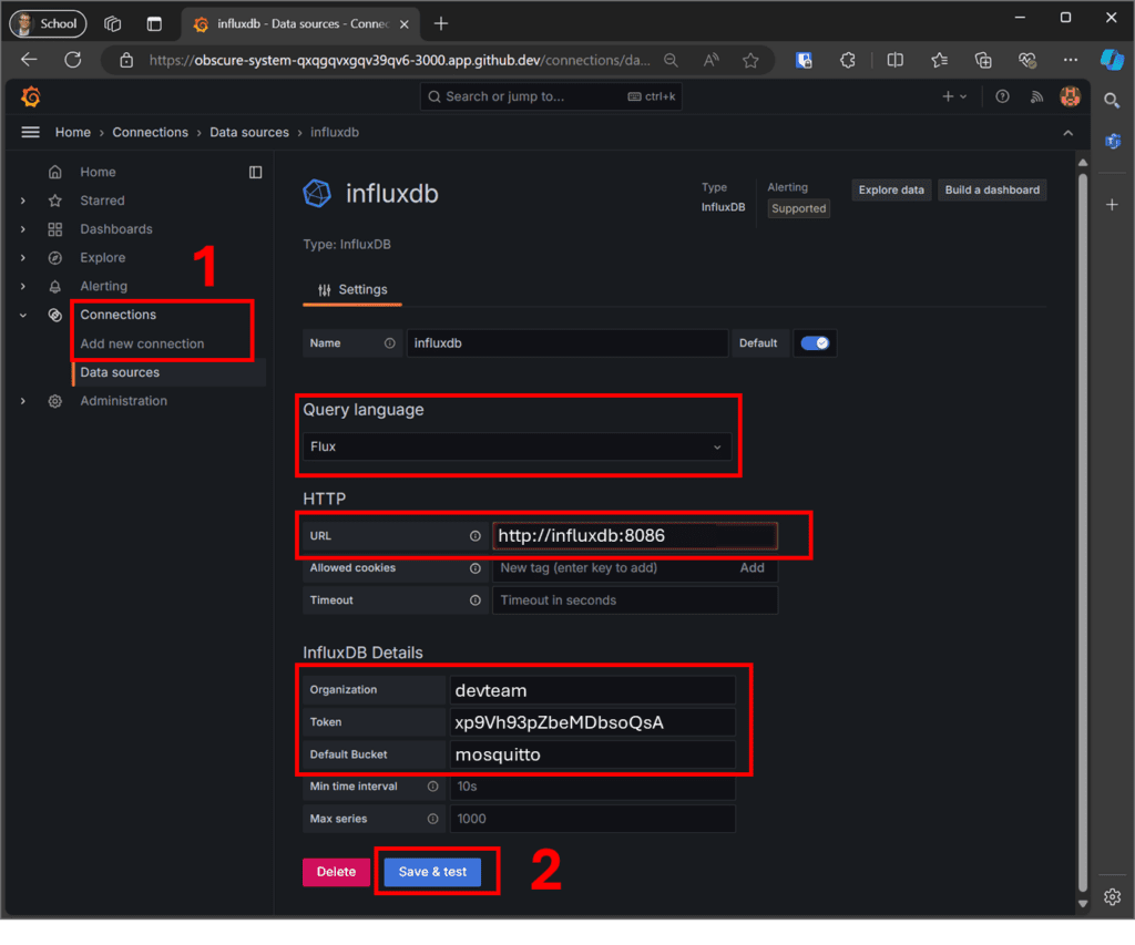 Create a new 'connection' in settings to use InfluxDB as a data source for dashboards in Grafana