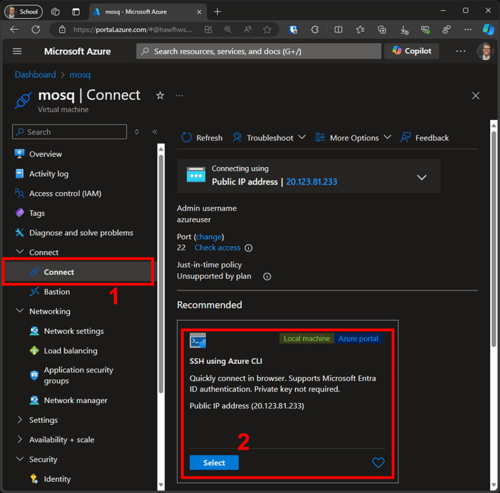 Dialog for connecting access to the VM within the internet browser via the SSH protocol.