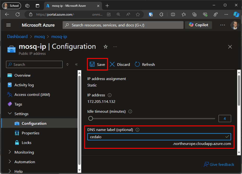 Configuring the public IP address for the DNS name.