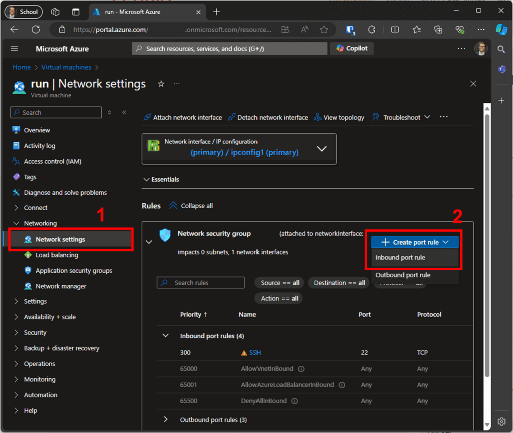 In the "Network settings" screen, edit the firewall rules via the "Network security group" option.