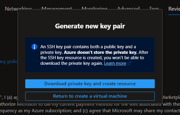 RSA key pair download instructions for accessing the VM.