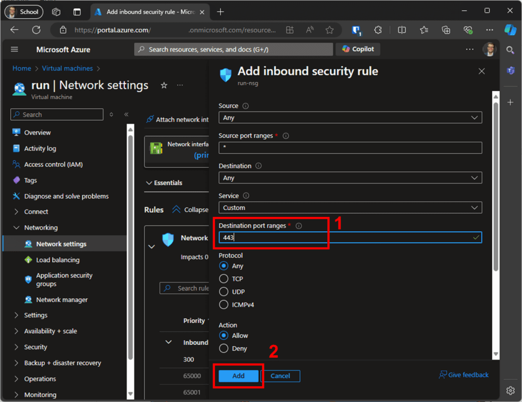 Input dialog for adding security rules and additional inbound firewall rules for ports 8883, 443, and 80.