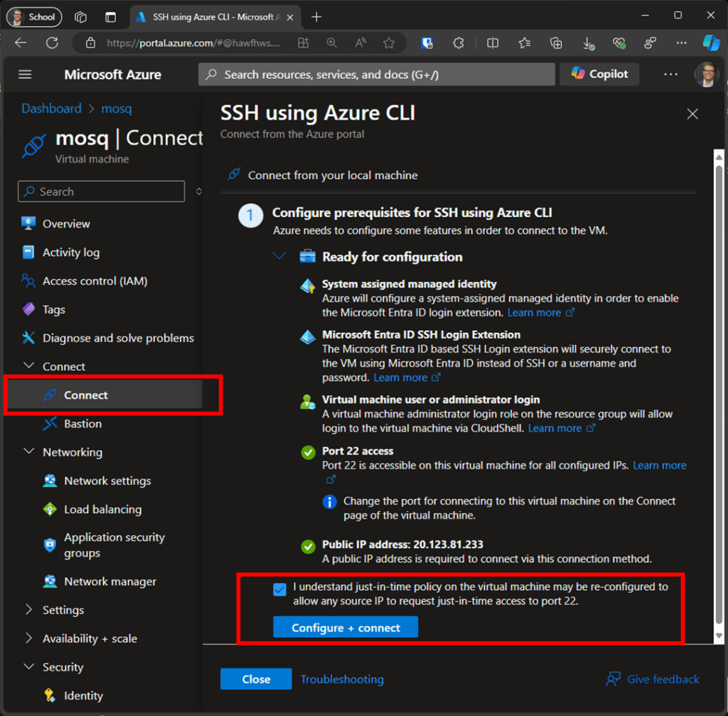 VM's connect view to configure and establish a connection via the Azure CLI.