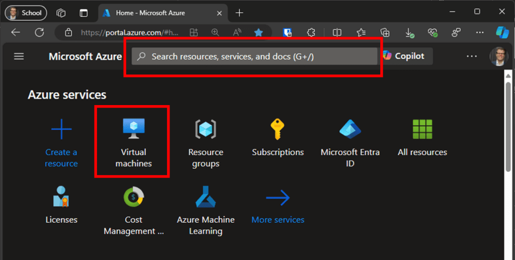 Azure portal homepage to locate the "Virtual Machines" option.